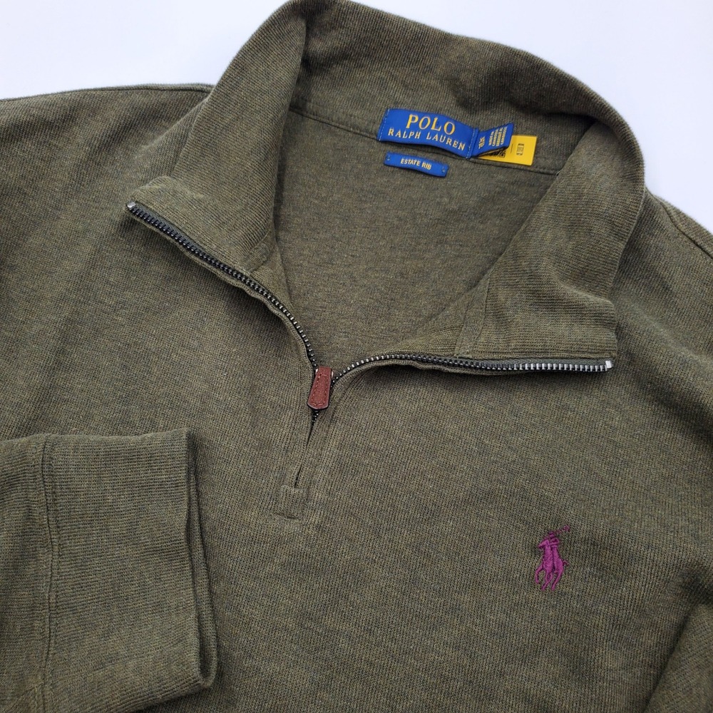 Polo Ralph Lauren Mens XL Estate Rib Quarter Zip Pullover Olive Green Cotton